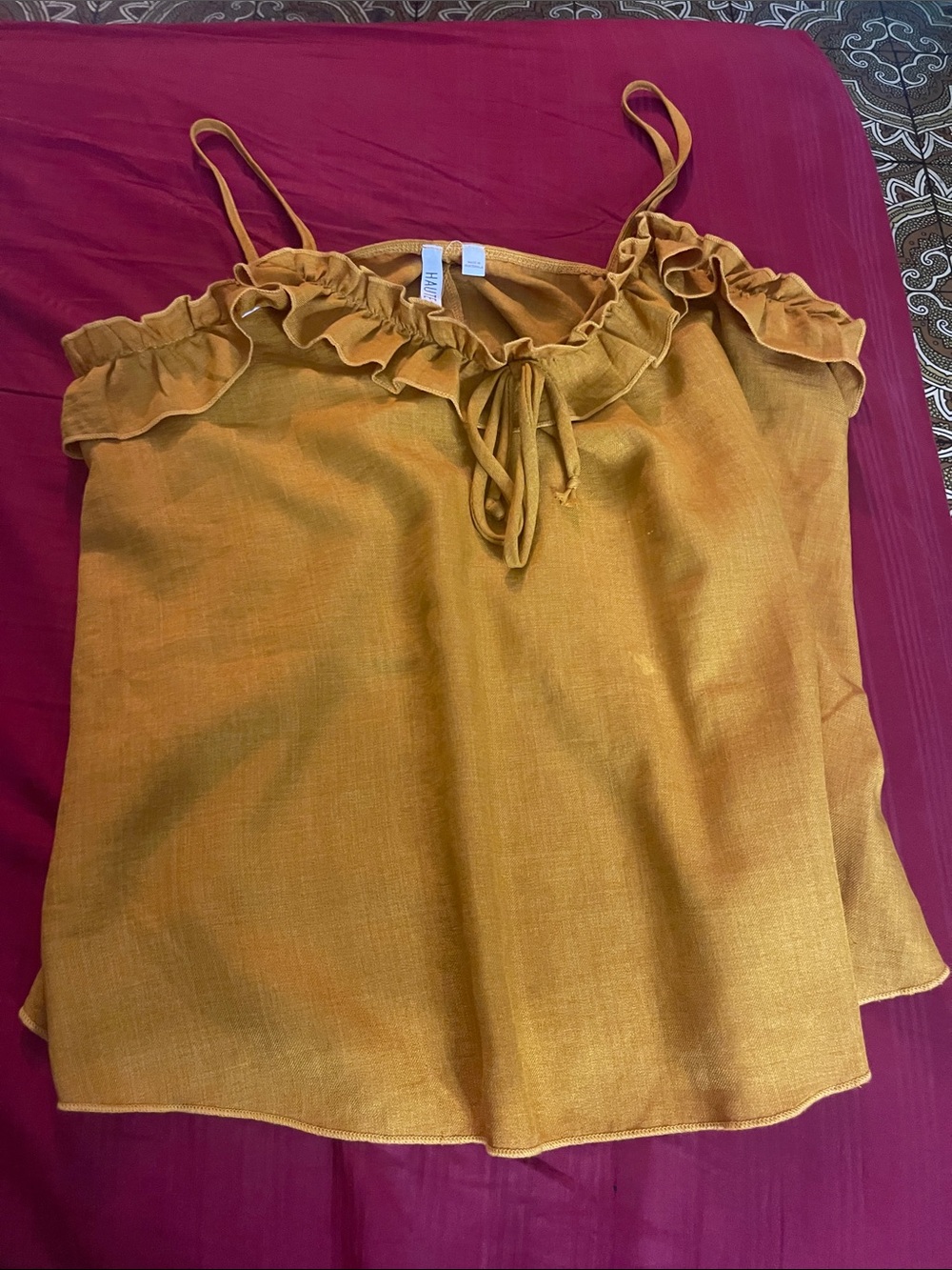 Ruffle Spaghetti Strap Cami in a Yellow Mustard